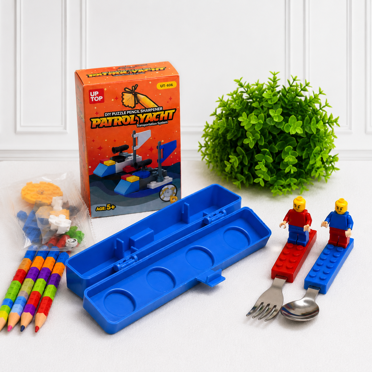 iLearnNGrow Lego Rakhi Hamper – Creative Gift Basket with Lego Frame, Pencil, Cutlery Set, Sharpener & Rakhi