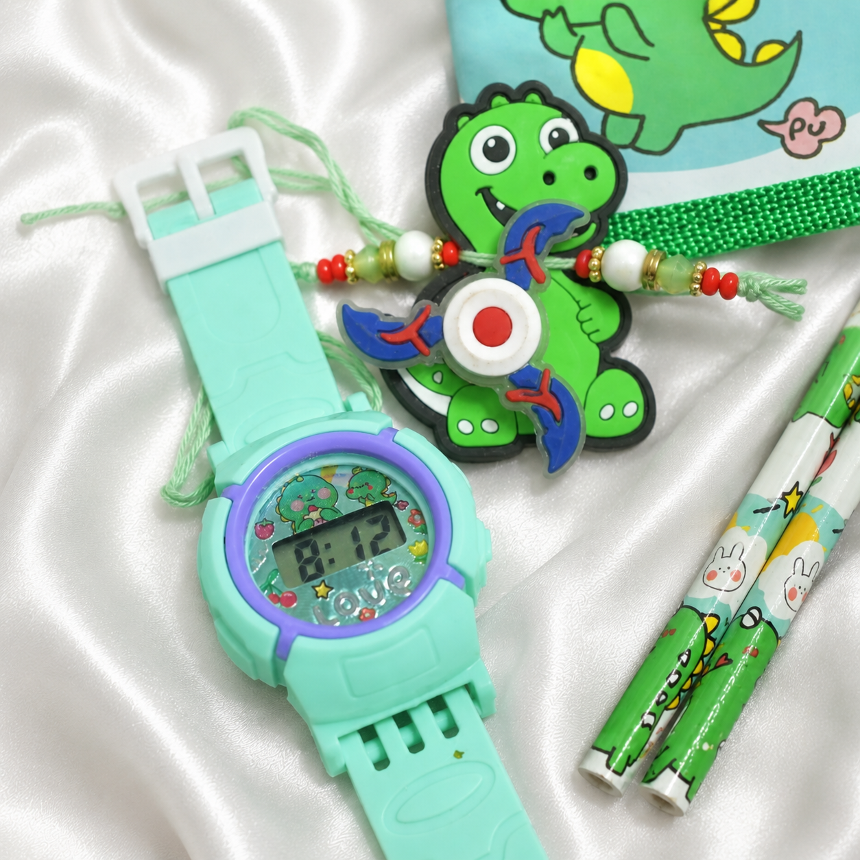 iLearnNGrow Luggage Packing Stationery Rakhi Combo – Complete School Essentials Gift Set with Watch, Wallet & Rakhi- Green
