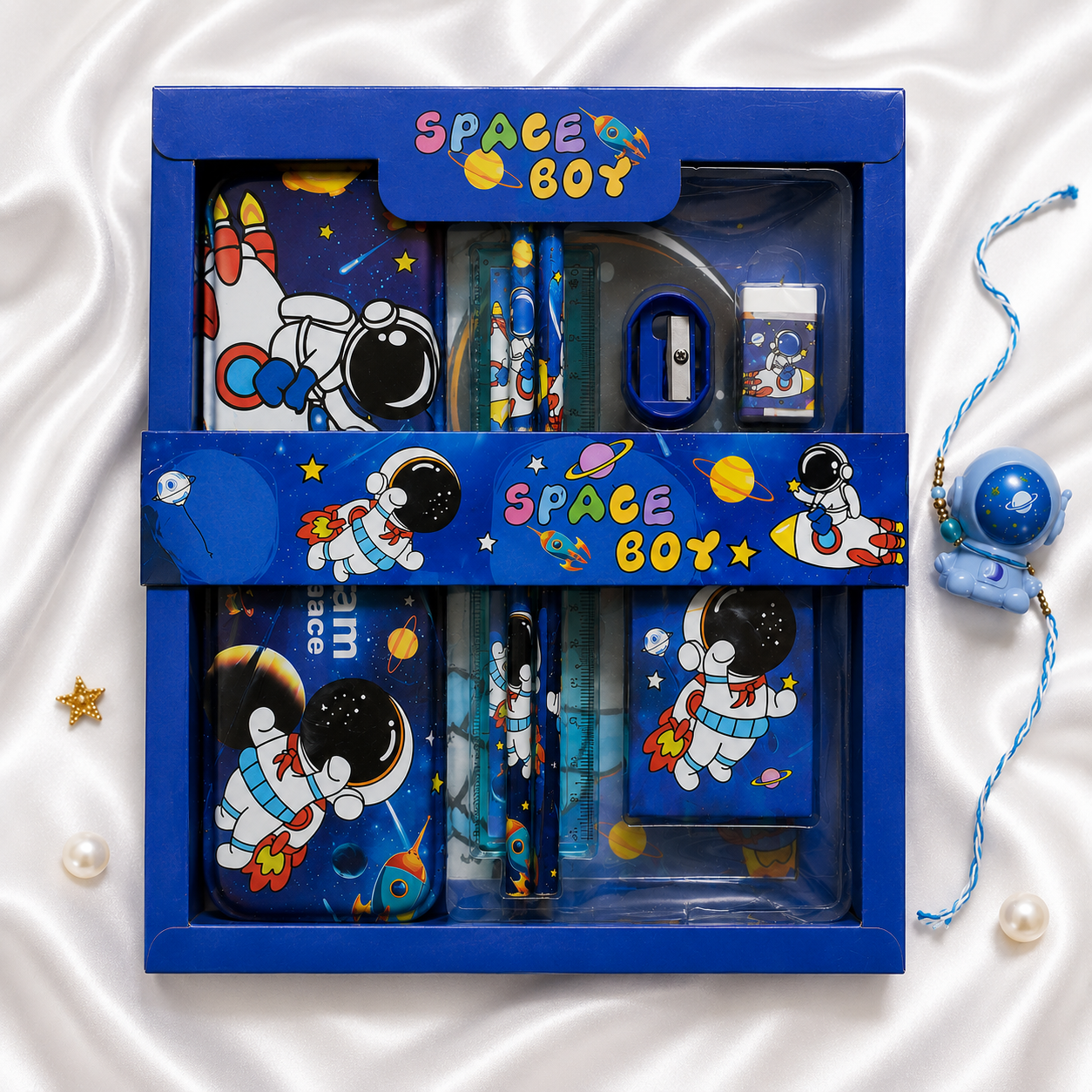 iLearnNGrow Space Theme Stationery Rakhi Combo – Pencil Box Set with Space Rakhi for Kids