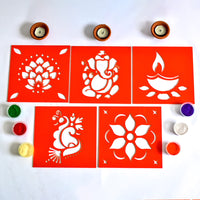 Thumbnail for ilearnngrow Ganesha,Flower,Diya, Peacock,Traditional Rangoli Stencil 17X17 cm with Six rangoli colors , two earthern diya